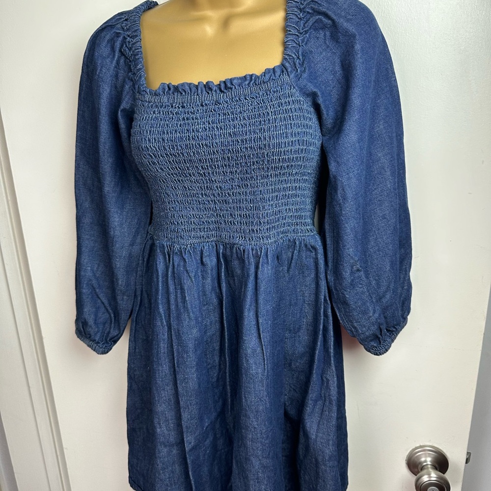 J.Crew 100%Cotton Smocked Fitted Bodice Long Puff Sleeve Chambray PullOn Dress S - Picture 5 of 16